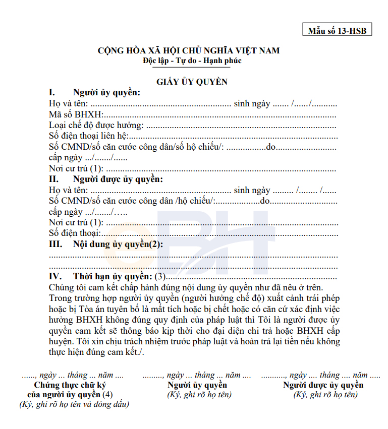 Mẫu giấy ủy quyền 13-HSB. 